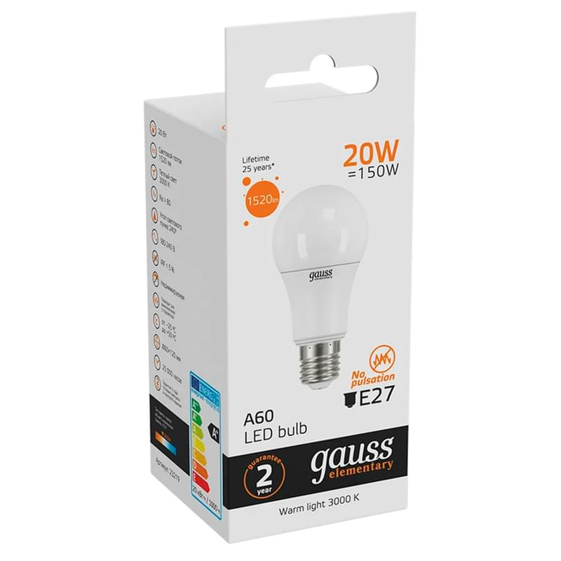 Светодиодная лампа Gauss Elementary A60 20W 1520lm 3000K E27 LED теплый - фото #3, Technodom.kz