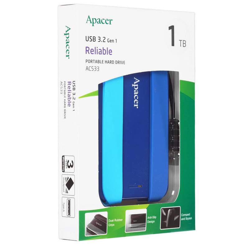 Сыртқы HDD 2.5" 1TB Apacer USB 3.2 Көк түсті (AP1TBAC533U-1) - фото #2, Technodom.kz