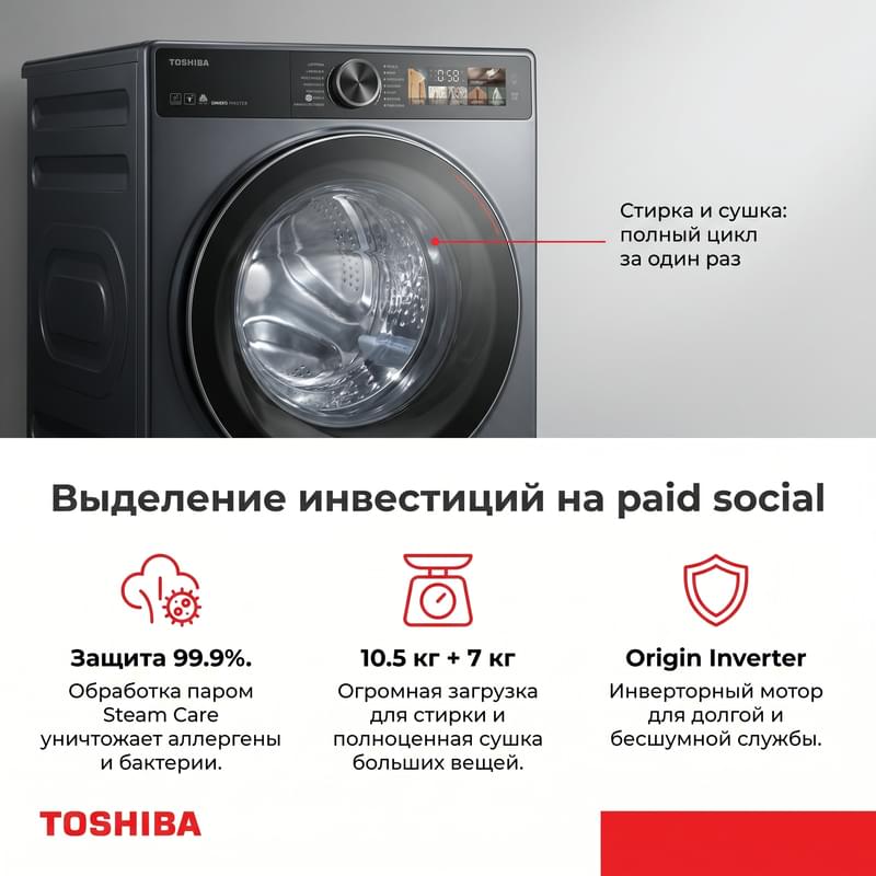 Кептіргіші бар кір жуғыш машина Toshiba TWD-T25BZU115MWUZ(MG) - фото #6, Technodom.kz