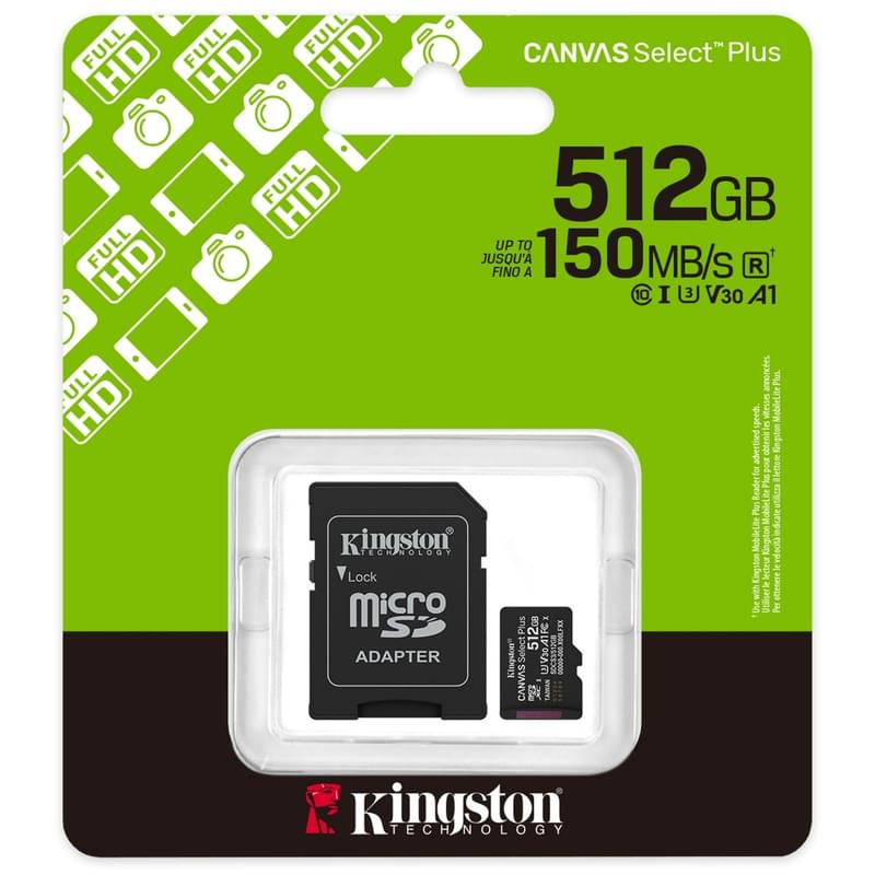 Карта памяти, Kingston, SDCS3/512GB, MicroSDXC 512GB, Canvas Select Plus, A1, U3, V30, c адаптером SD - фото #2, Technodom.kz Карта памяти, Kingston, SDCS3/512GB, MicroSDXC 512GB, Canvas Select Plus, A1, U3, V30, c адаптером SD - фото #2, Technodom.kz