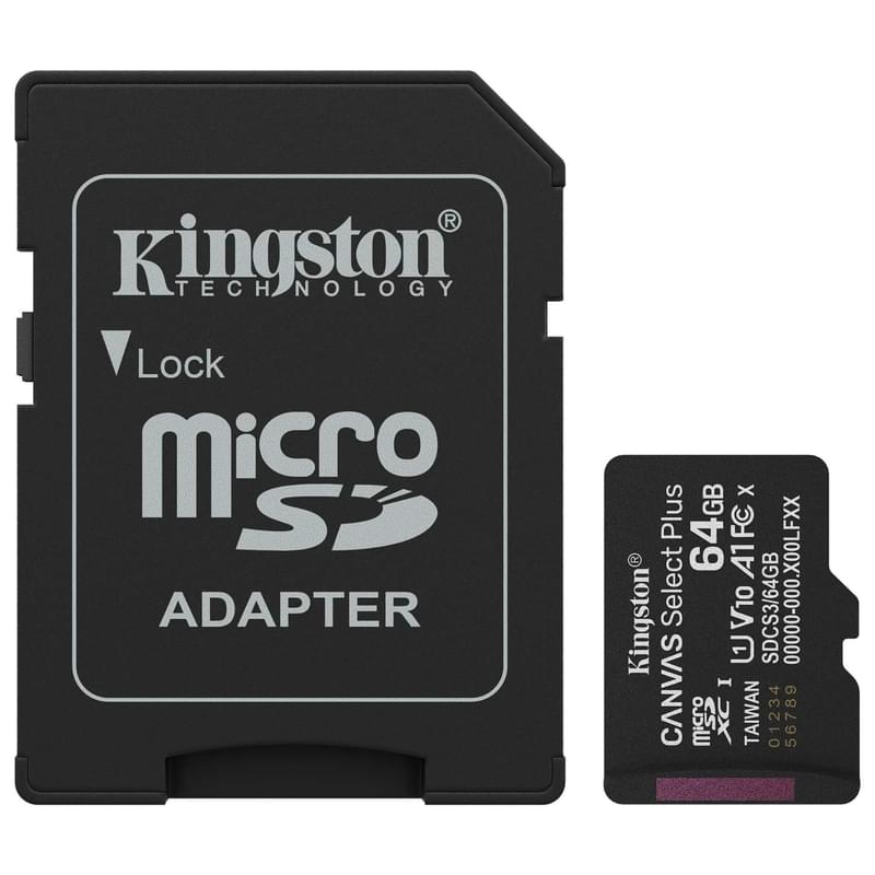 Жад картасы, Kingston, SDCS3/64GB, MicroSDXC 64GB, Canvas Select Plus, A1, U1, V10, SD адаптерімен - фото #0, Technodom.kz