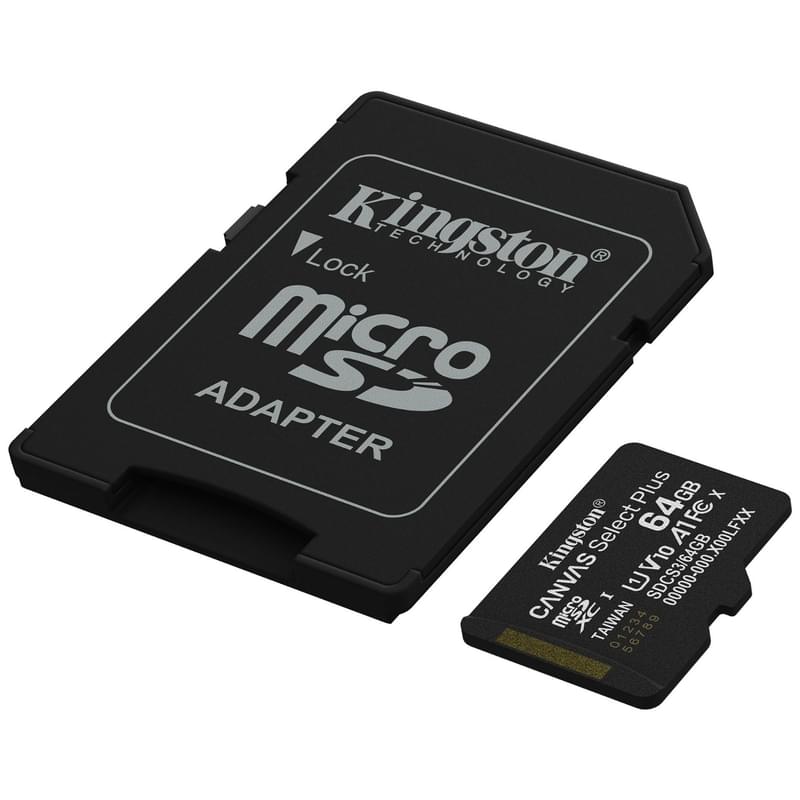 Жад картасы, Kingston, SDCS3/64GB, MicroSDXC 64GB, Canvas Select Plus, A1, U1, V10, SD адаптерімен - фото #1, Technodom.kz