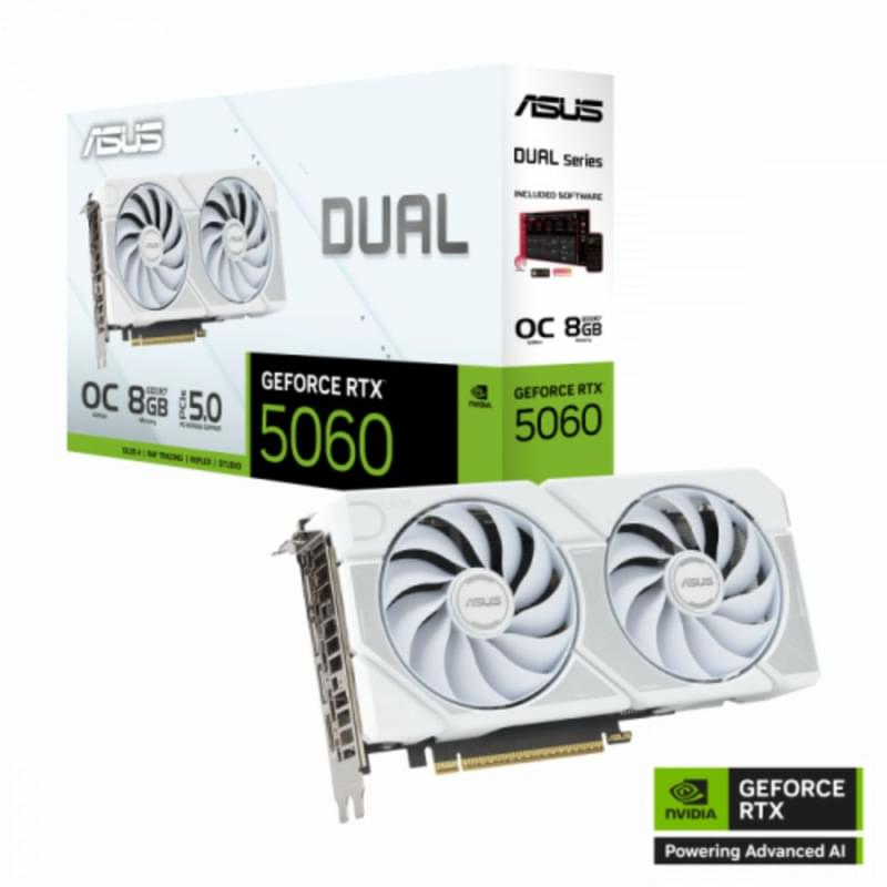 Asus RTX 5060 DUAL OC 8GB 128bit/G7 (HDMI+DP)[DUAL-RTX5060-O8G-WHITE ASUS] бейнекартасы - фото #0, Technodom.kz