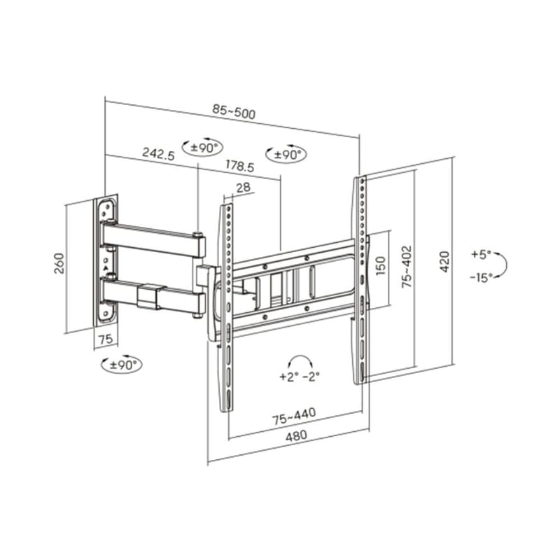 Кронштейн для ТВ и мониторов Brateck 32"-75" LPA80-443 нагр50кг,уг.пов180°,уг.накл.-15°+5°, Black - фото #2, Technodom.kz