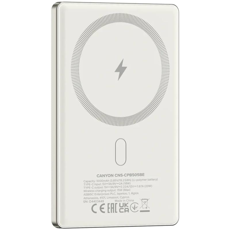Внешний аккумулятор Canyon Power bank slim Magsafe 5000 mAh (CNS-CPB505BE), Beige - фото #0, Technodom.kz