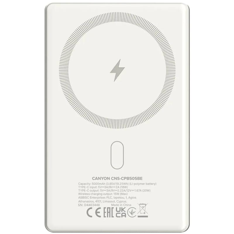 Внешний аккумулятор Canyon Power bank slim Magsafe 5000 mAh (CNS-CPB505BE), Beige - фото #3, Technodom.kz