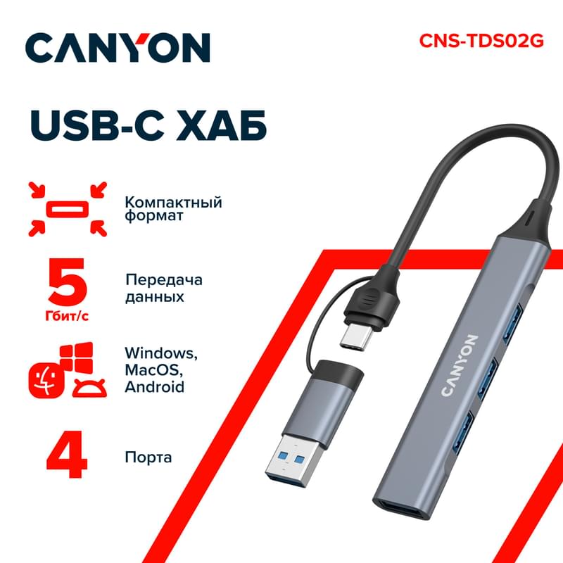 Мульти-портты адаптер CANYON 4in1, Сұр (CNS-TDS02G) - фото #0, Technodom.kz