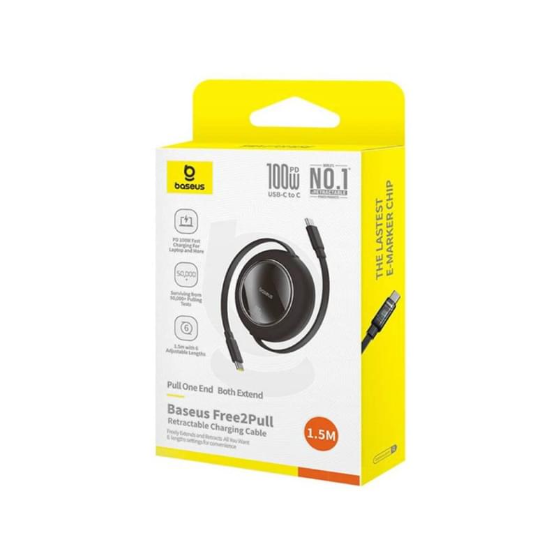 Интерфейсный кабель, Baseus, Free2Pull Mini (P10364500113-01), USB-C to USB-C, 100W, 2m, Черный - фото #2, Technodom.kz
