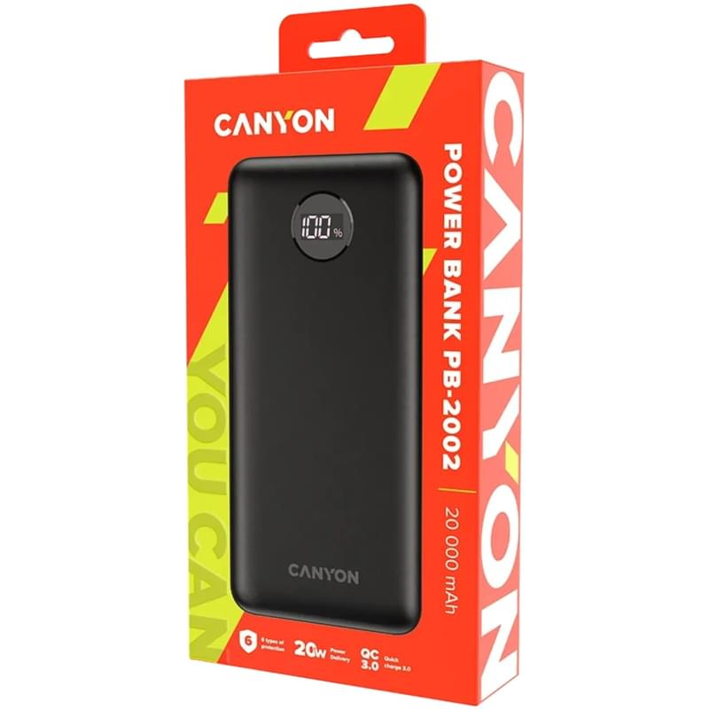 Портативный внешний аккумулятор CANYON power bank PB-2002 LED 20000 mAh PD 20W QC 3.0 Black - фото #3, Technodom.kz