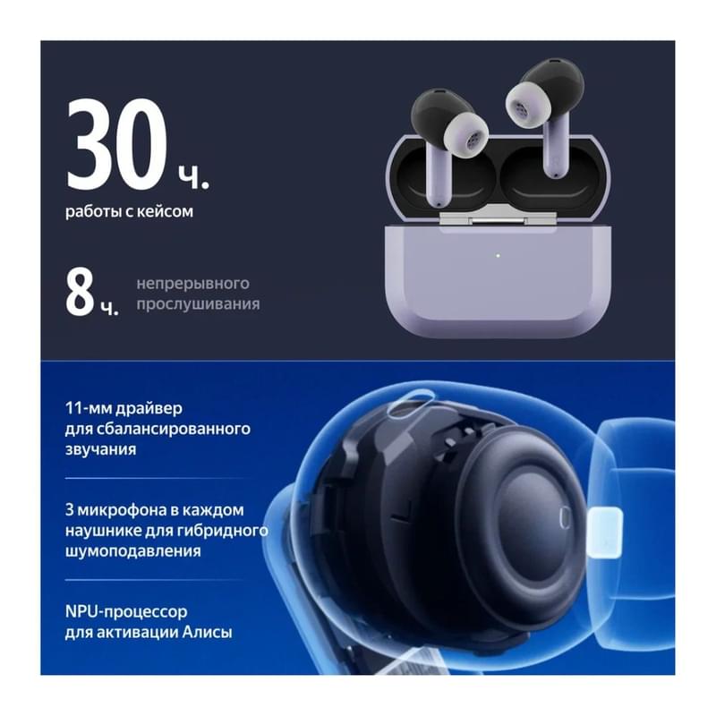 Наушники Яндекс Дропс с Алисой AI, беспроводные TWS, ANC, IP54, фиолетовый - фото #6, Technodom.kz