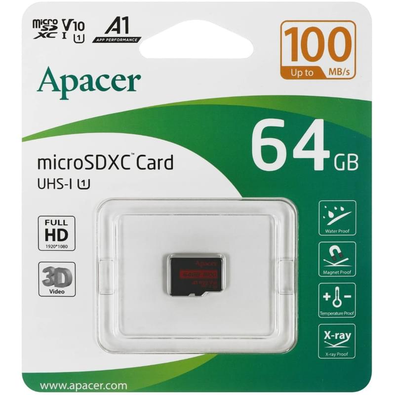 Карта памяти, Apacer, AP64GMCSX10UB-RA, MicroSDXC 64GB, A1, U1, V10 - фото #0, Technodom.kz
