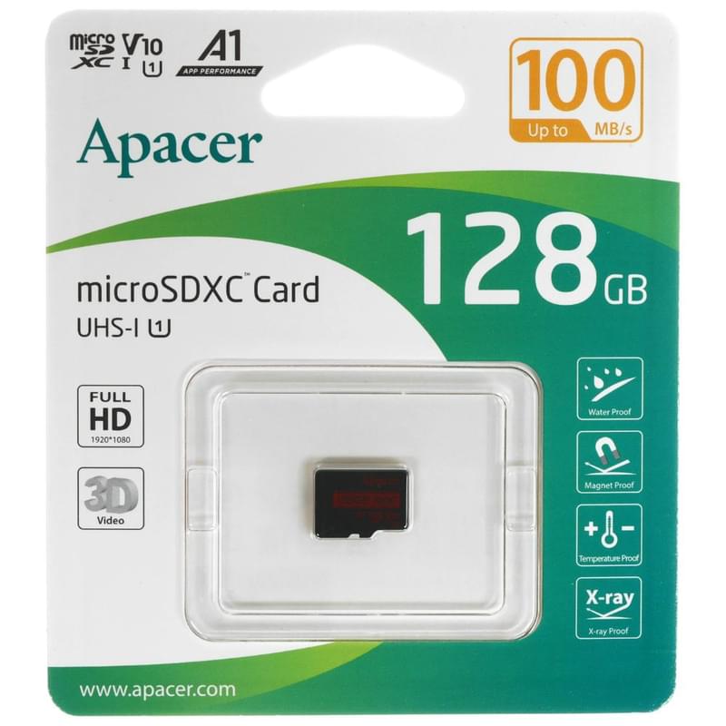 Карта памяти, Apacer, AP128GMCSX10UB-RA, MicroSDXC 128GB, A1, U1, V10 - фото #0, Technodom.kz
