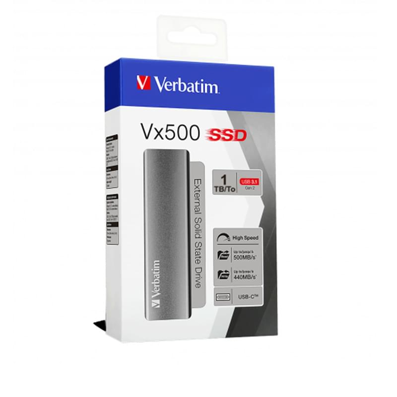 Внешний SSD 1TB USB-C/Type-A Verbatim VX500 Grey [47444] - фото #2, Technodom.kz