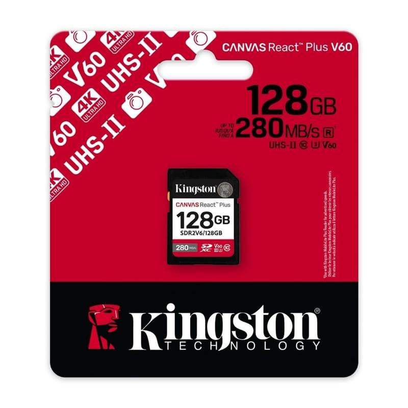 Карта памяти SDXC 128GB Kingston Canvas React Plus UHS-II U3 V60 280/100MB/s [SDR2V6/128GB] - фото #2, Technodom.kz