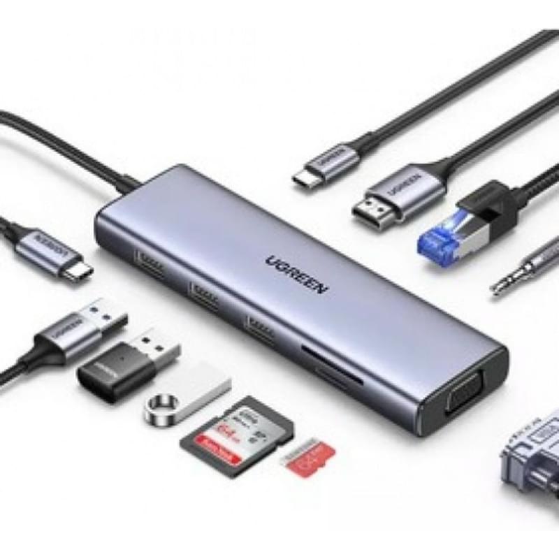 UGREEN CM498, USB-A x3, USB-C PD 100W, HDMI 4k@30, VGA, SD, micro SD, Ethernet 1 Gb/s, Audio Jack 3.5, grey USB-C адаптері - фото #0, Technodom.kz UGREEN CM498, USB-A x3, USB-C PD 100W, HDMI 4k@30, VGA, SD, micro SD, Ethernet 1 Gb/s, Audio Jack 3.5, grey USB-C адаптері - фото #0, Technodom.kz