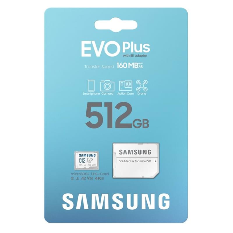 Карта памяти MicroSD 512GB Samsung EVO Plus UHS-I 160MB/s Class 10 + SD Adapter [MB-MC512SA/EU] - фото #3, Technodom.kz