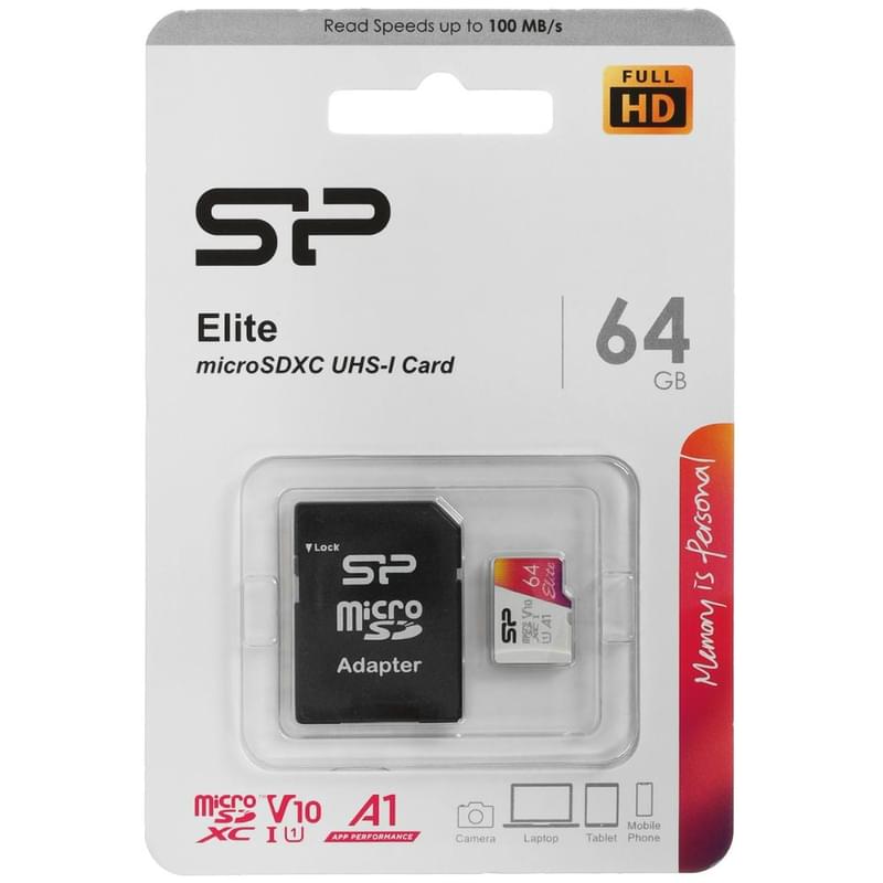 Карта памяти, Silicon Power, SP064GBSTXBV1V20SP, microSDXC 64GB, A1, U1, V10, с адаптером SD - фото #1, Technodom.kz