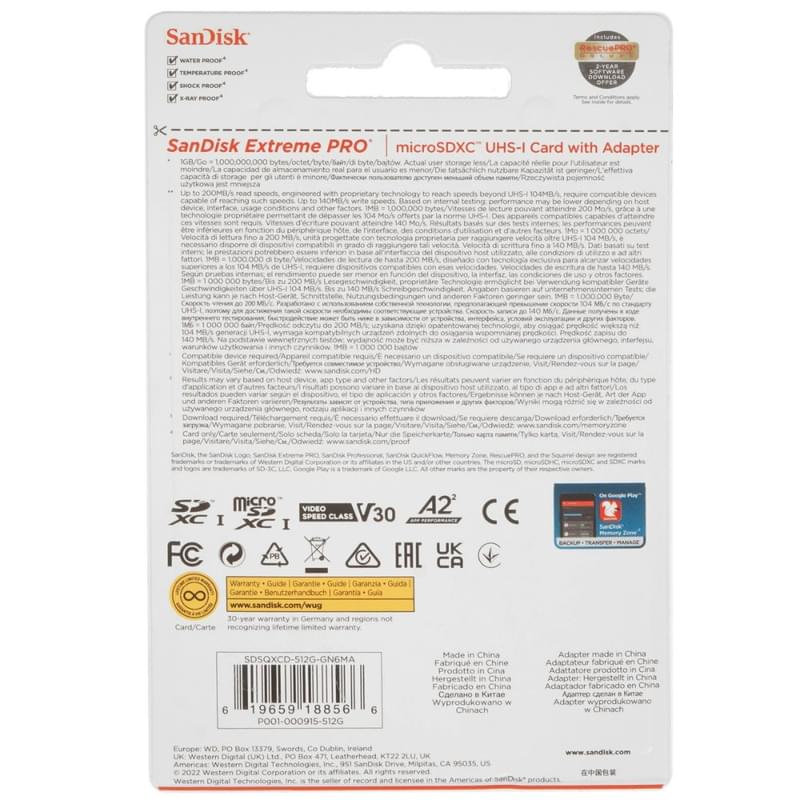Карта памяти microSDXC 512GB SanDisk Extreme PRO, A2, U3, V30, Class 10, UHS-I, 200MB/s - фото #2, Technodom.kz
