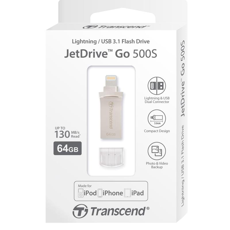 USB Флешка 64GB Transcend JetDrive Go 500 Type-A/Lightning 3.1 Gen 1 (3.0) Silver (TS64GJDG500S) - фото #3, Technodom.kz