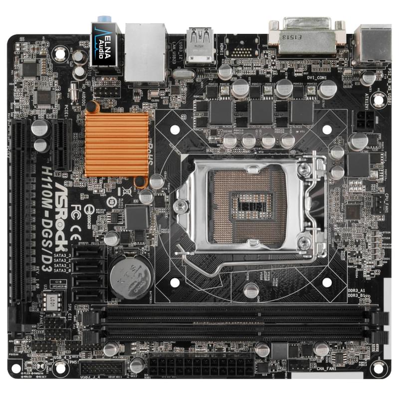 Материнская плата ASRock H110M-DGS LGA1151 2DDR4 PCI–E 1x16 1x1 (DVI-D) mATX - фото #0, Technodom.kz