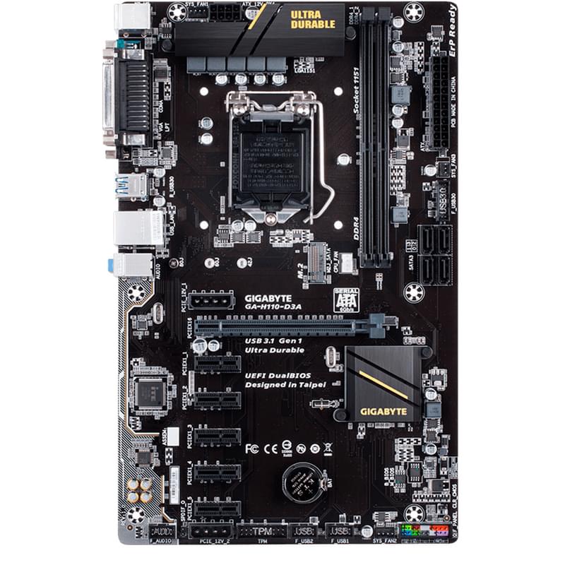 Материнская плата Gigabyte GA-H110-D3A LGA1151 2DDR4 PCI-E 1x15 (VGA) ATX - фото #0, Technodom.kz