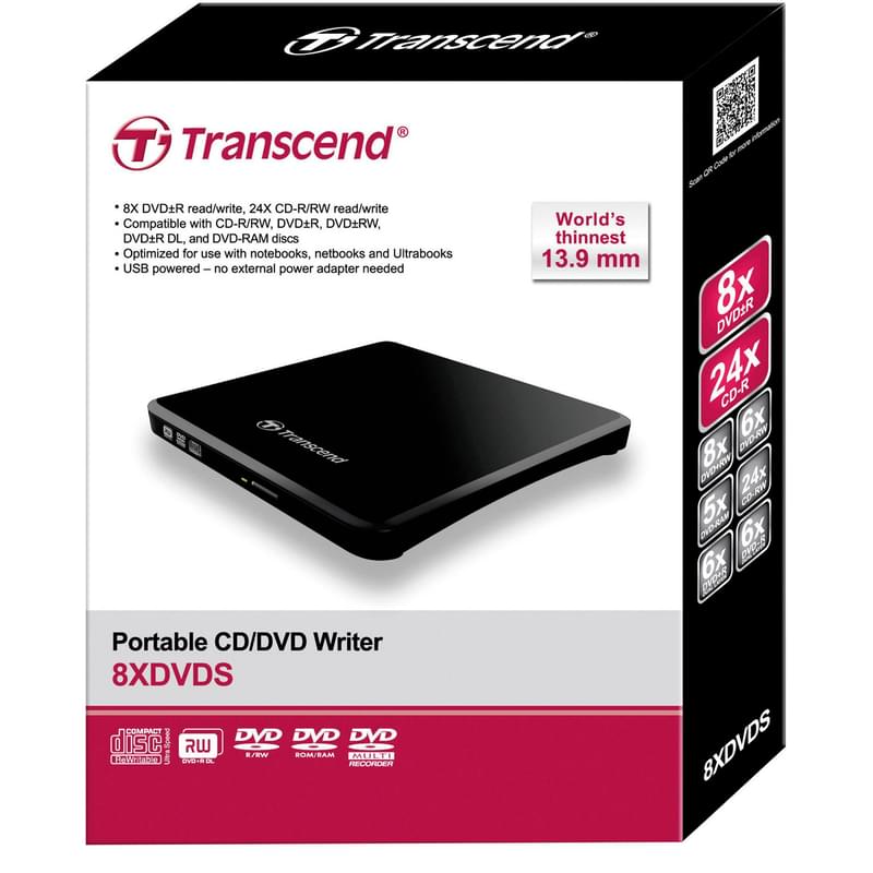 Внешний оптический привод Transcend USB 2.0, 8x, Slim, Черный (TS8XDVDS-K) - фото #3, Technodom.kz