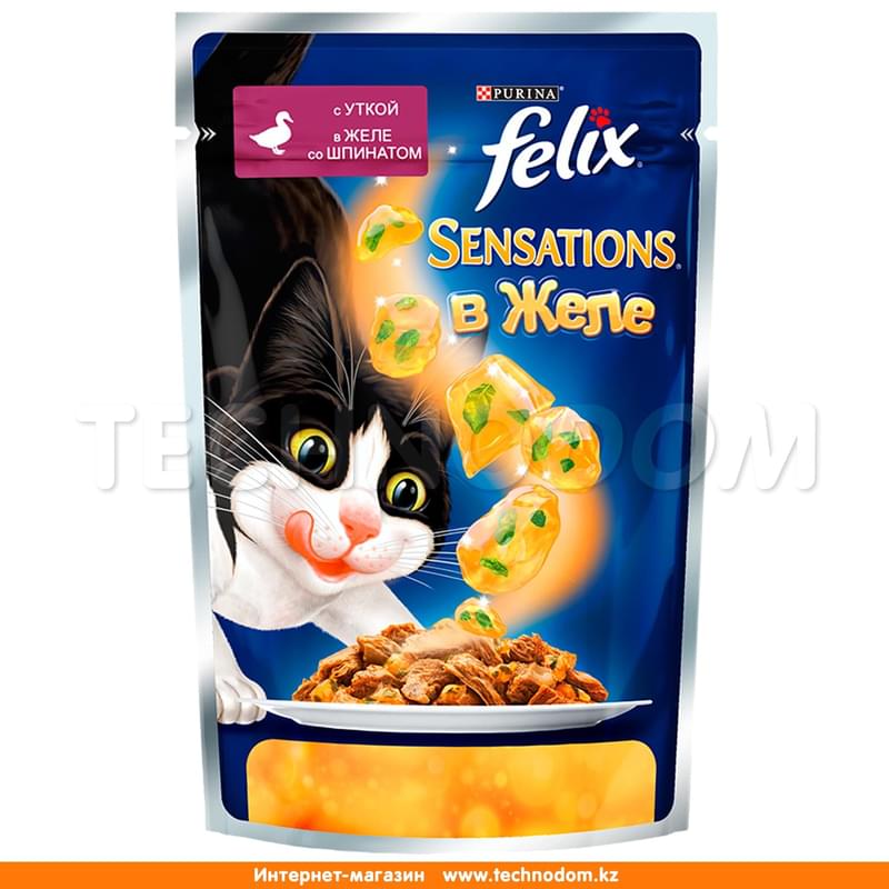 Влажный корм Felix Sensations для кошек, с уткой в желе со шпинатом 85 г - фото #0, Technodom.kz
