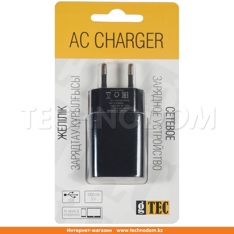 Сетевое зарядное устройство 1*USB, 1A, gTEC, Черный (CR-T001) - фото #1, Technodom.kz