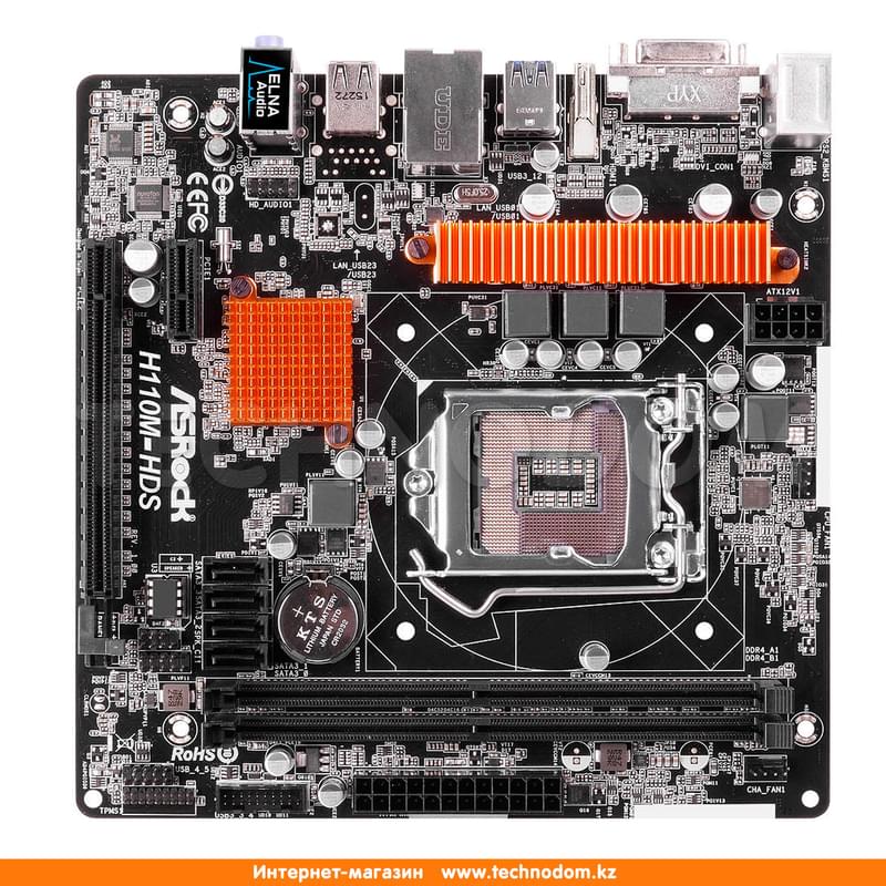 Материнская плата ASRock H110M-HDS LGA1151 2DDR4 PCI-E 1x16 1x1 (HDMI+DVI-D) mATX - фото #0, Technodom.kz
