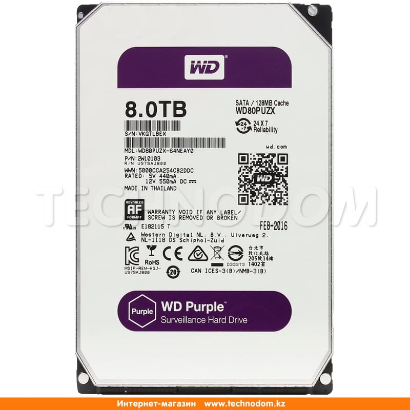 Внутренний HDD 3.5" 8TB Western Digital Purple WD80PUZX SATA-III (WD80PUZX) - фото #0, Technodom.kz