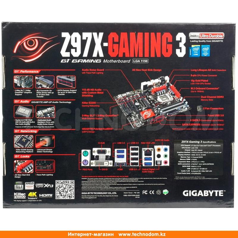Материнская плата Gigabyte GA-Z97X Gaming GT LGA1150 4DDR3 PCI-E 4x16 3x1 (HDMI+DP+DVI-D+VGA) ATX - фото #1, Technodom.kz