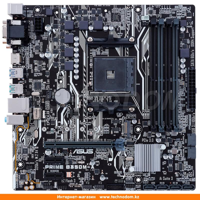 Материнская плата Asus PRIME B350M-A AM4 4DDR4 PCI-E 1x16 2x1 (HDMI+DVI-D+VGA) mATX - фото #1, Technodom.kz