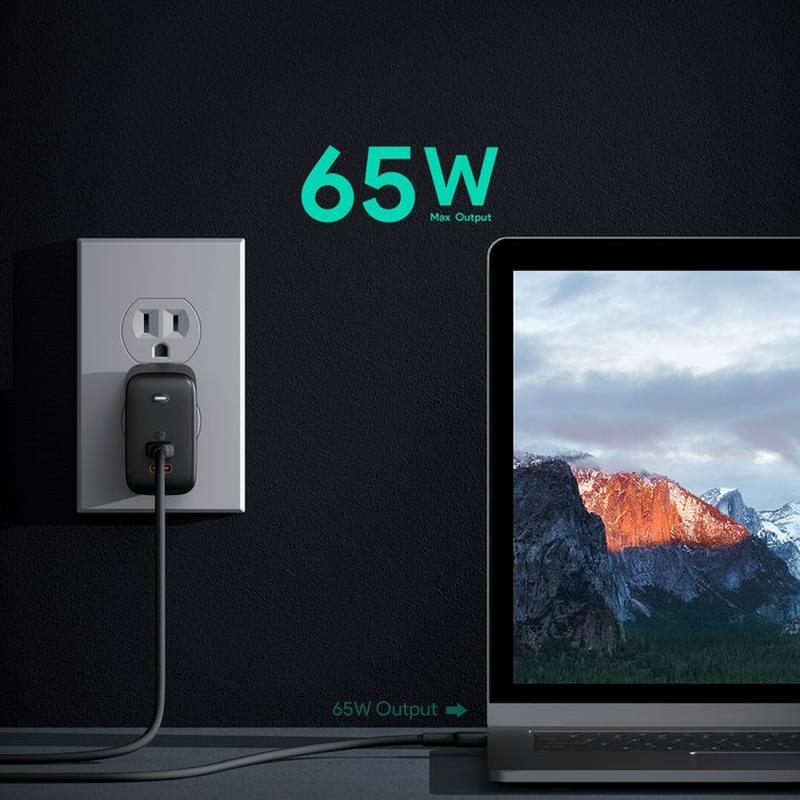 Aukey Omnia Duo 65Вт 2xUSB Type-C қуат адаптері Black (PA-B4) - фото #2, Technodom.kz