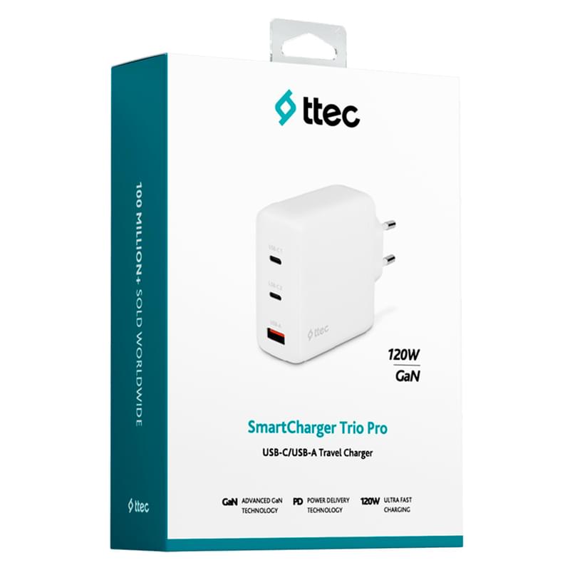 Адаптер питания ttec Trio GAN 120W PD 2 USB-C+USB-A, white (2SCG04B) - фото #4, Technodom.kz