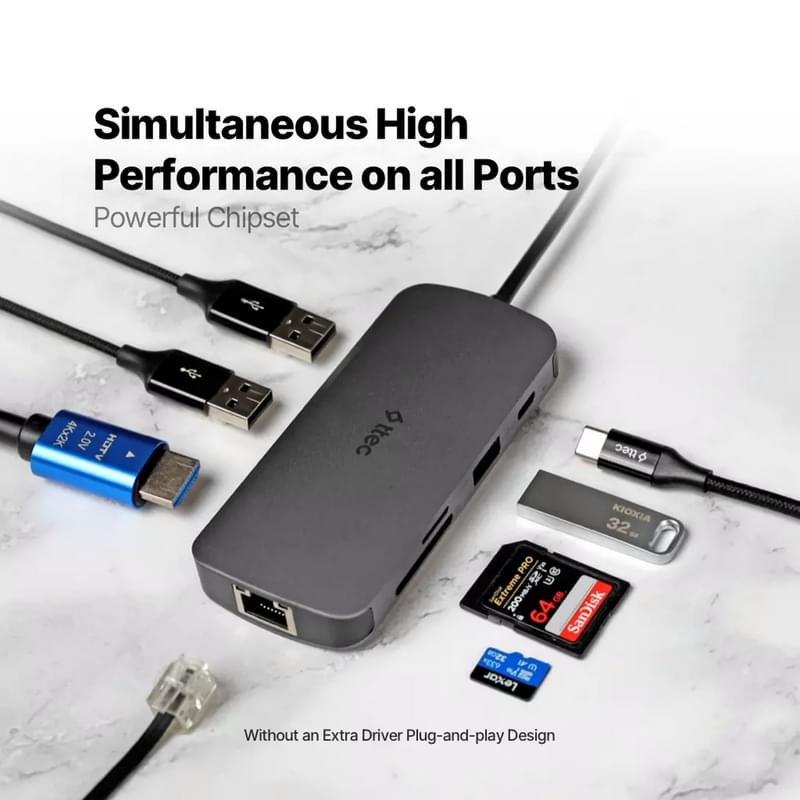 Ttec Type-C to 1*4K HDMI, 1*LAN, 1*PD USB-C, 2*USB-A 3.2, 1*USB-A 2.0, 1*SD, 1*MSD, Silver адаптері - фото #8, Technodom.kz