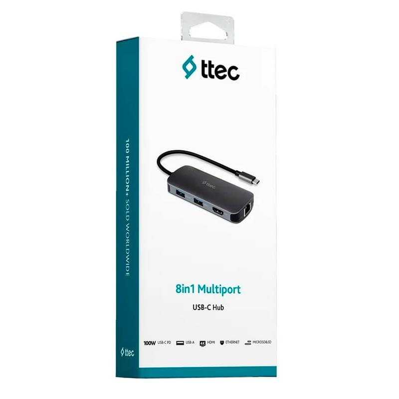 Ttec Type-C to 1*4K HDMI, 1*LAN, 1*PD USB-C, 2*USB-A 3.2, 1*USB-A 2.0, 1*SD, 1*MSD, Silver адаптері - фото #4, Technodom.kz