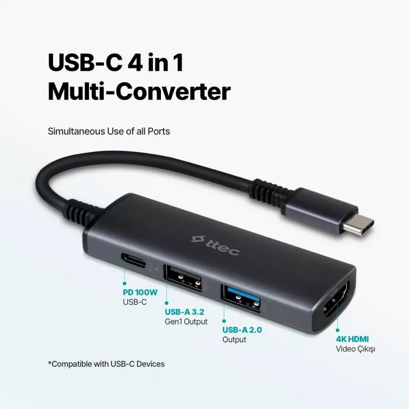 Ttec Type-C to 1*4K HDMI,1*USB-A 2.0, 1*USB-A 3.0, Silver (2US01) адаптері - фото #6, Technodom.kz