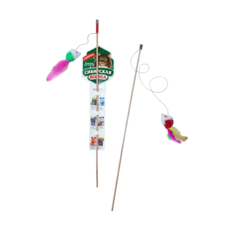 Игрушка для кошек Сибирская кошка удочка-дразнилка мышь с хвостом из перьев 1 шт - фото #0, Technodom.kz