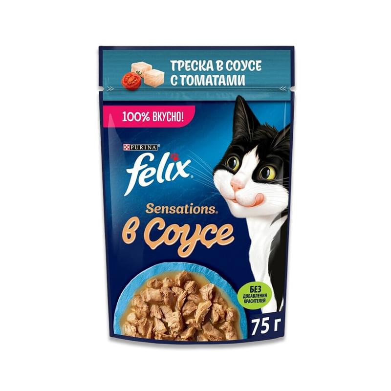 Корм влажный Felix Sensations с треской в соусе с томатами для кошек 75 г - фото #0, Technodom.kz