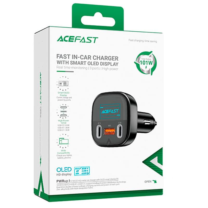Автомобильное зарядное устройство ACEFAST, 2*USB C+A, 101W, OLED smart display, metal (B5 101W - ACE - фото #5, Technodom.kz