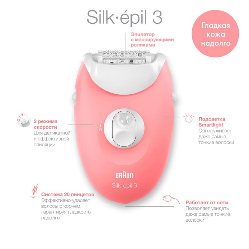 Braun Silk-épil 3 3-176 эпиляторы, құрғақ эпиляцияға арналған, SmartLight көмескі жарығы бар, қызғылт сары - фото #4, Technodom.kz