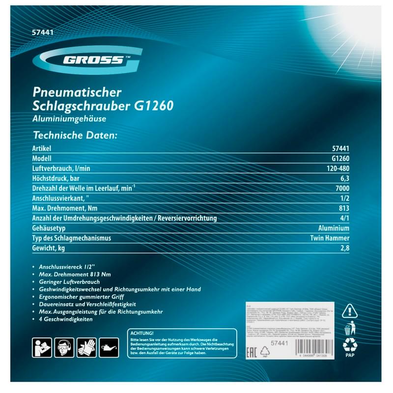 Пневматикалық соқпа Gross G1260 сомын бұрағышы, 1/2",Twin Hammer, 813Нм, 7000 айн/мин (57441M) - фото #10, Technodom.kz