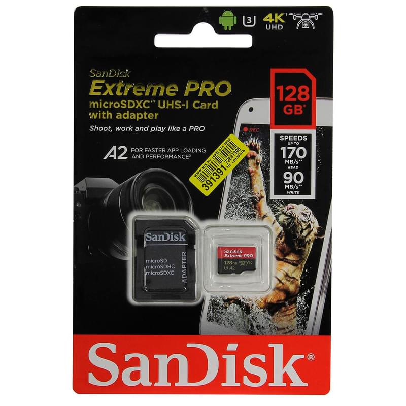 Карта памяти MicroSD 128GB SanDisk, UHS-I 170MB/s, Class 10 (SDSQXCY-128G-GN6MA) - фото #1, Technodom.kz