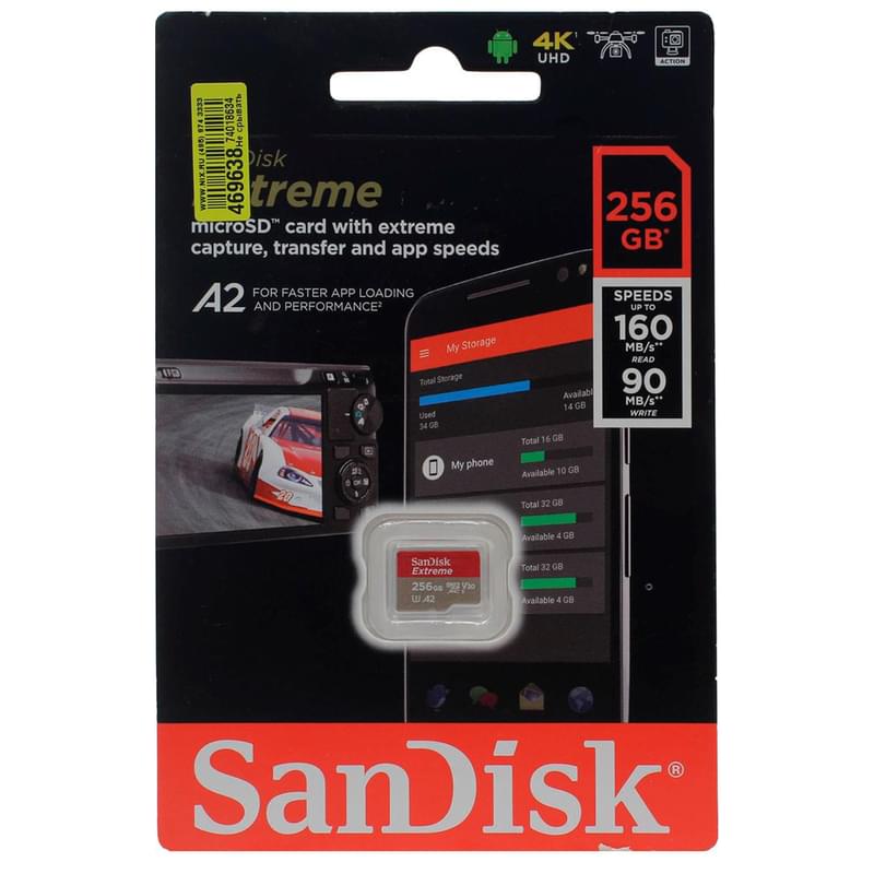 Карта памяти SanDisk Extreme microSDXC 256 ГБ Class 10, V30, A2, U3 (SDSQXA1-256G-GN6MN) - фото #0, Technodom.kz