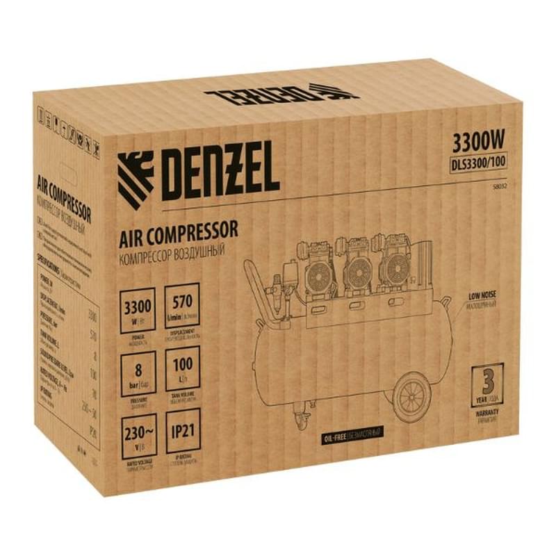 Майсыз төмен шулы компрессор DLS 3300/100, 3300 Вт,3х1100, 100 л, 570 л/мин, басқару блогы// Denzel - фото #2, Technodom.kz
