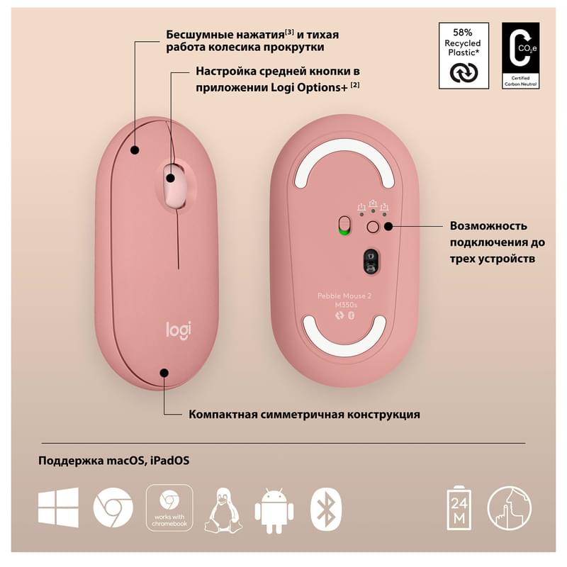 Мышка беспроводная USB/BT Logitech Pebble 2 M350S, Rose - фото #10, Technodom.kz