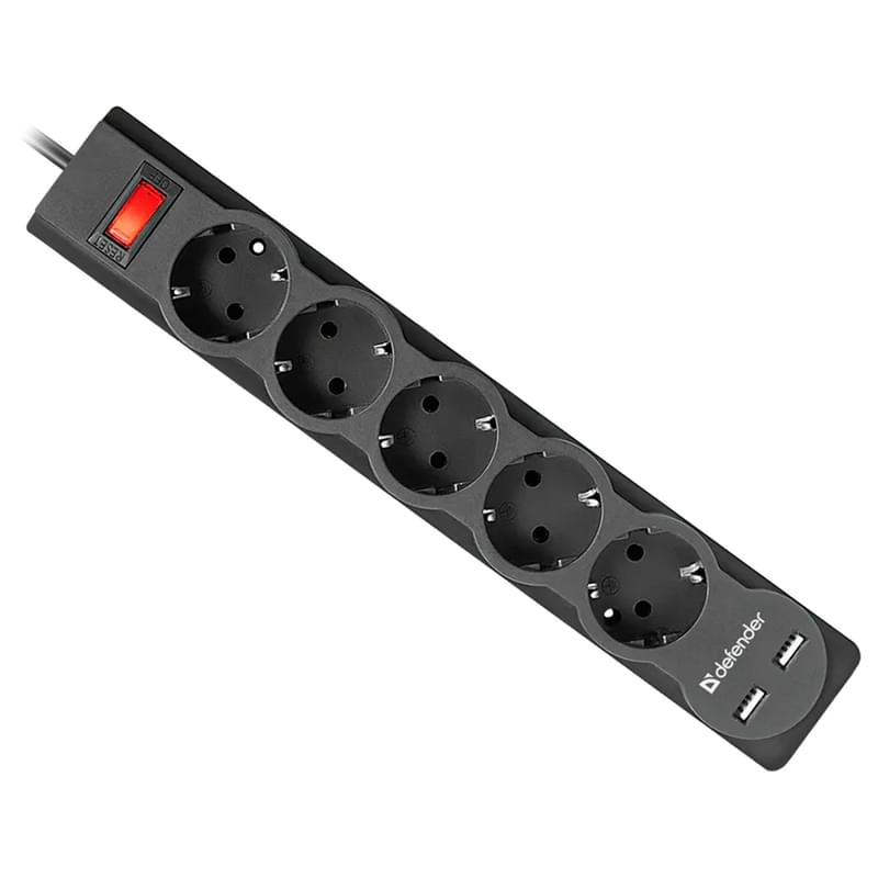 Defender DFS 755 желі сүзгісі, 5м, 2xUSB, 2.1A, 5 розетка, 10А, (Defender 99755) - фото #0, Technodom.kz