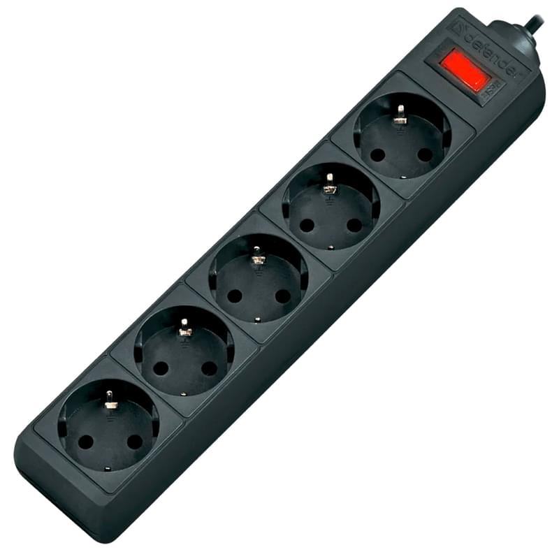 Defender ES желі сүзгісі, 3м, 5 розетка, 10А, қара (Defender 99485) - фото #0, Technodom.kz