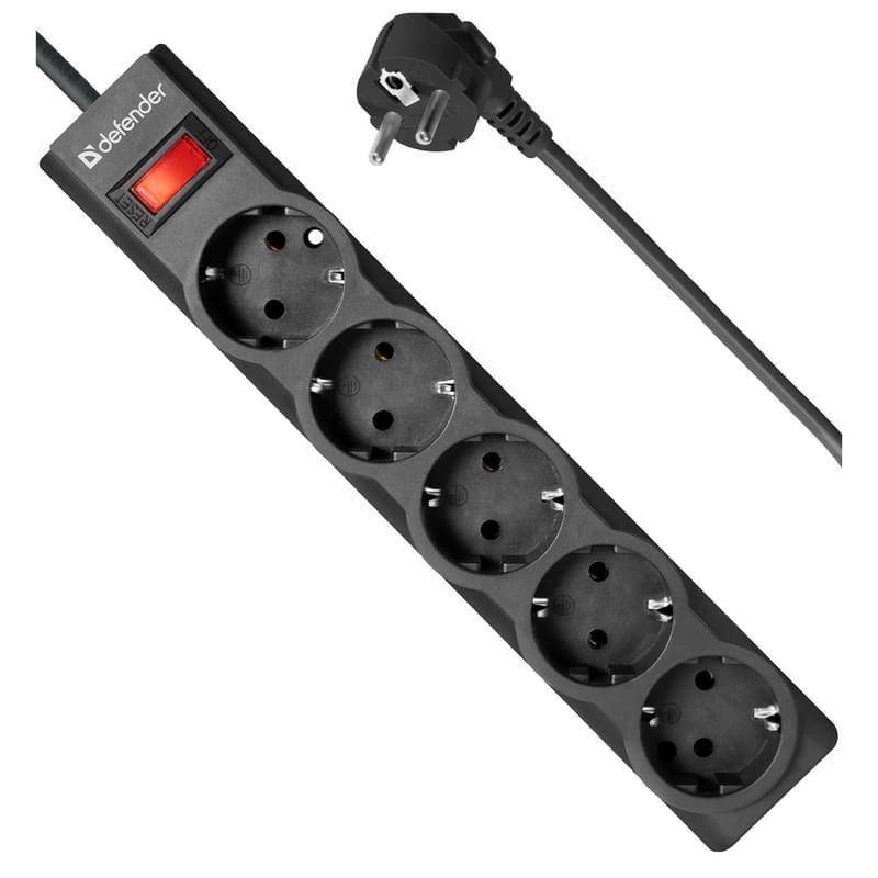 Defender ES LARGO желі сүзгісі, 1.8м, 5 розетка, 10А, қара, (Defender 99497) - фото #2, Technodom.kz