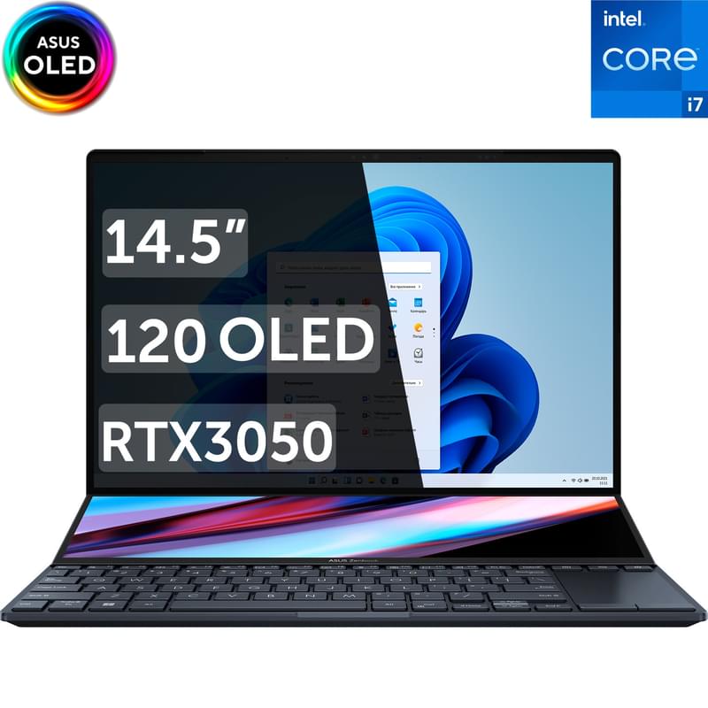 Ультрабук Asus Zenbook Pro Duo OLED i7 12700H / 16ГБ / 1000SSD / RTX3050 Ti 4ГБ / 14.5 / Win11 / (UX8402ZE-M3026W) - фото #0, Technodom.kz